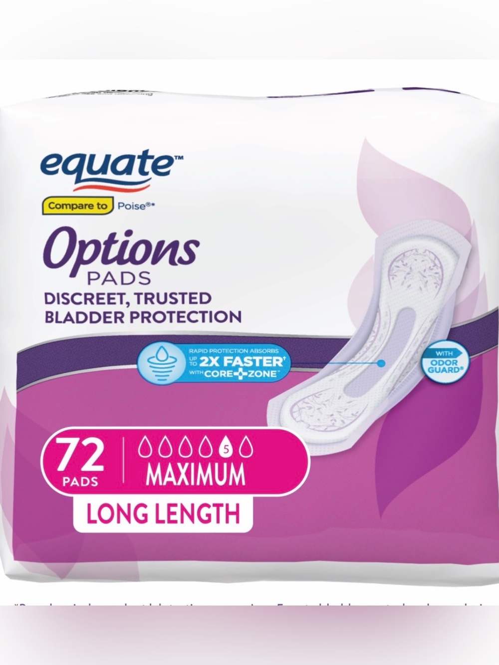 NEW Equate Options Pads Women’s Incontinence Pads-Max Absorbency (Long)-72 Pads
